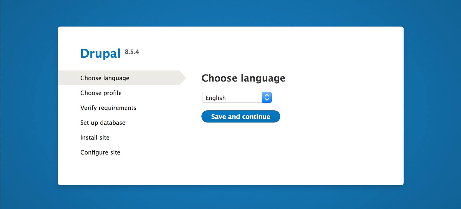 Drupal setup screen in the web browser - 'Choose language' page Drupal setup screen in the web browser - ‘Choose language’ page