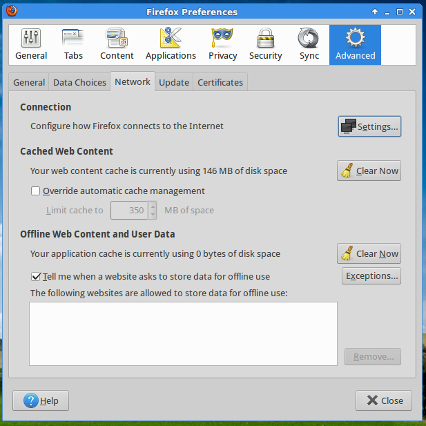 Firefox preferences - Network Tab. Firefox preferences - Network Tab.