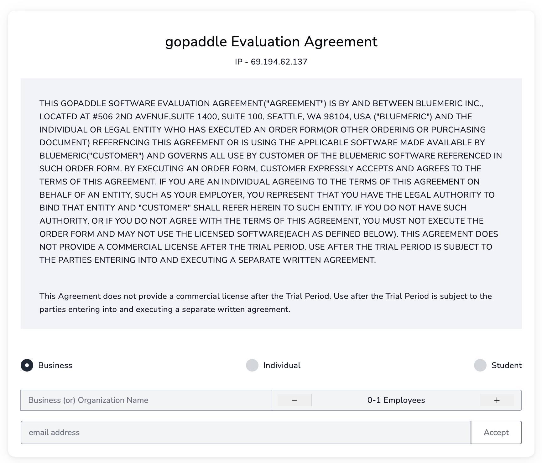 Screenshot of gopaddle evaluation agreement Screenshot of gopaddle evaluation agreement