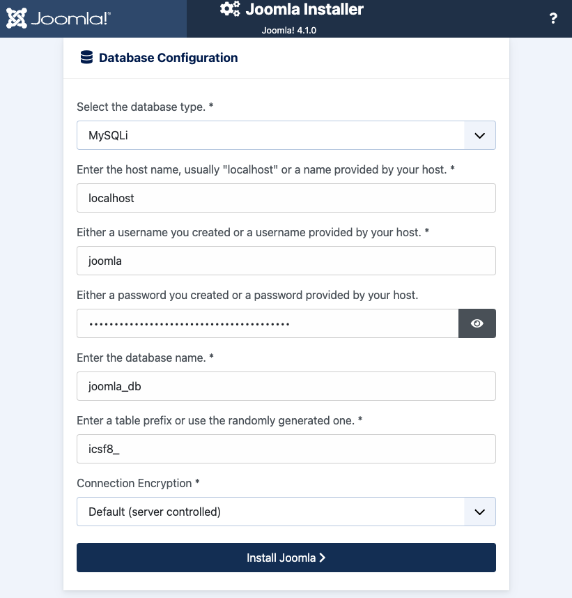 Screenshot of the Joomla Database Configuration prompt Screenshot of the Joomla Database Configuration prompt