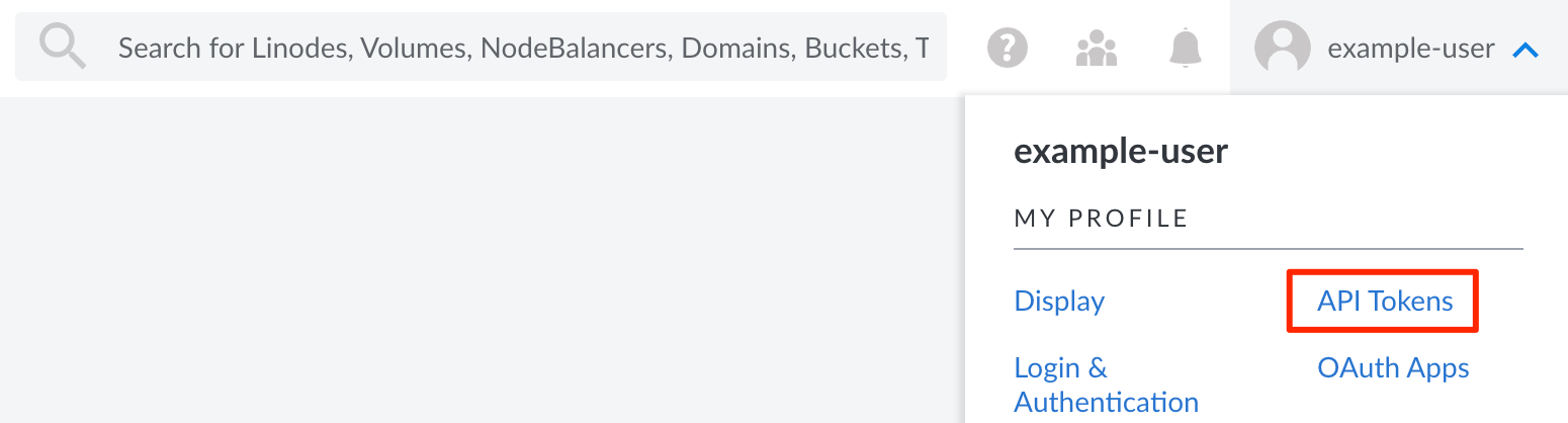 Screenshot of the user dropdown menu with the API Tokens link selected Screenshot of the user dropdown menu with the API Tokens link selected