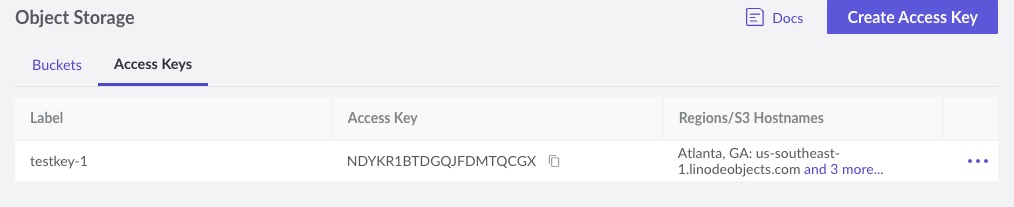 Viewing a list of access keys in Cloud Manager Viewing a list of access keys in Cloud Manager