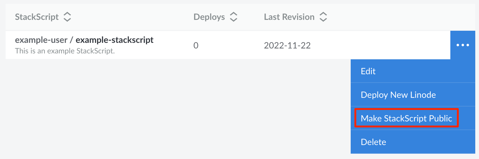 Screenshot of the make public button for a StackScript Screenshot of the make public button for a StackScript